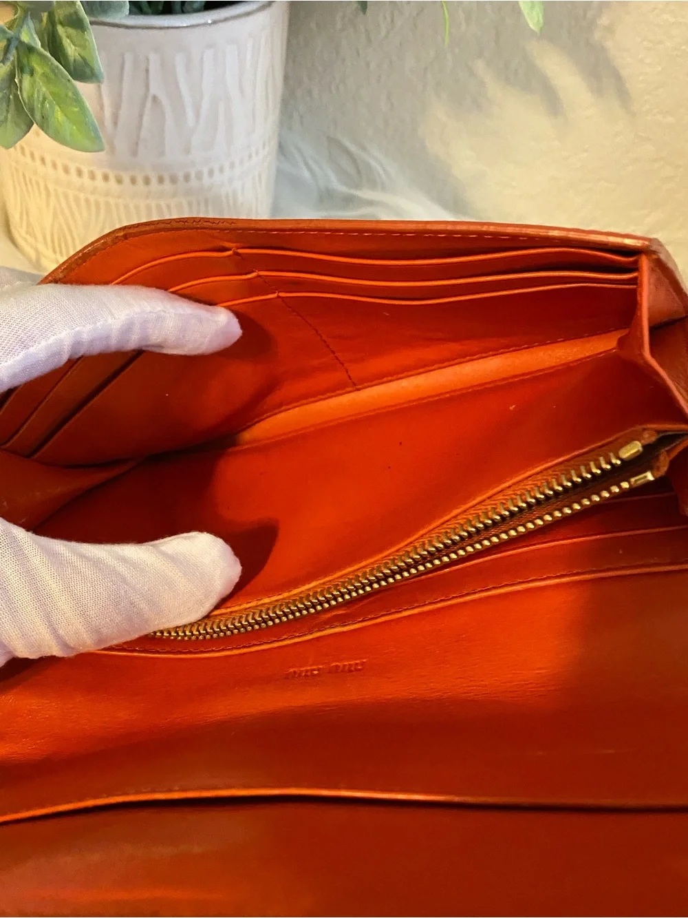 Miu Miu Patent Leather Bow Accent Long Wallet — Orange